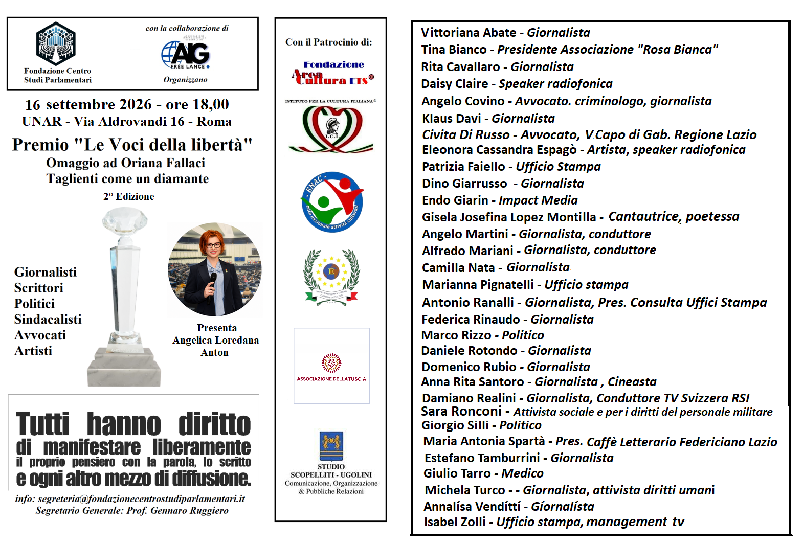 Locandina del Premio «Le Voci della libertà» – 2ª edizione, 16 settembre 2026, UNAR, Via Aldrovandi 16, Roma, con l'elenco dei nomi